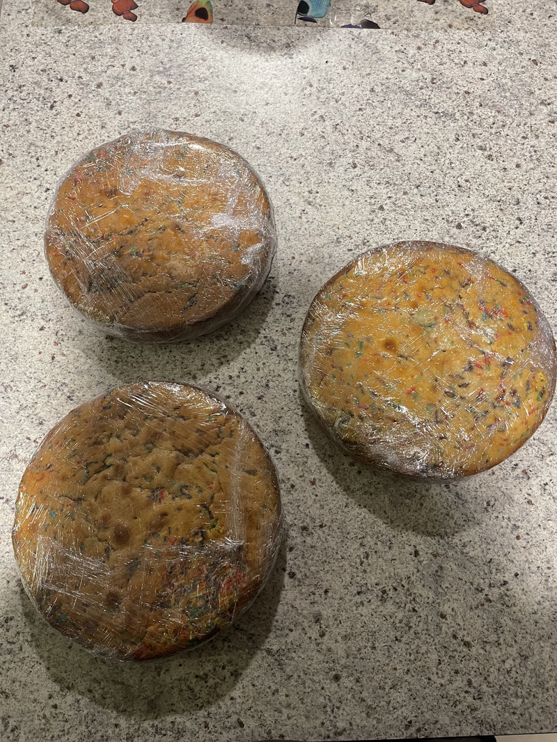 Three layers of cake cooked