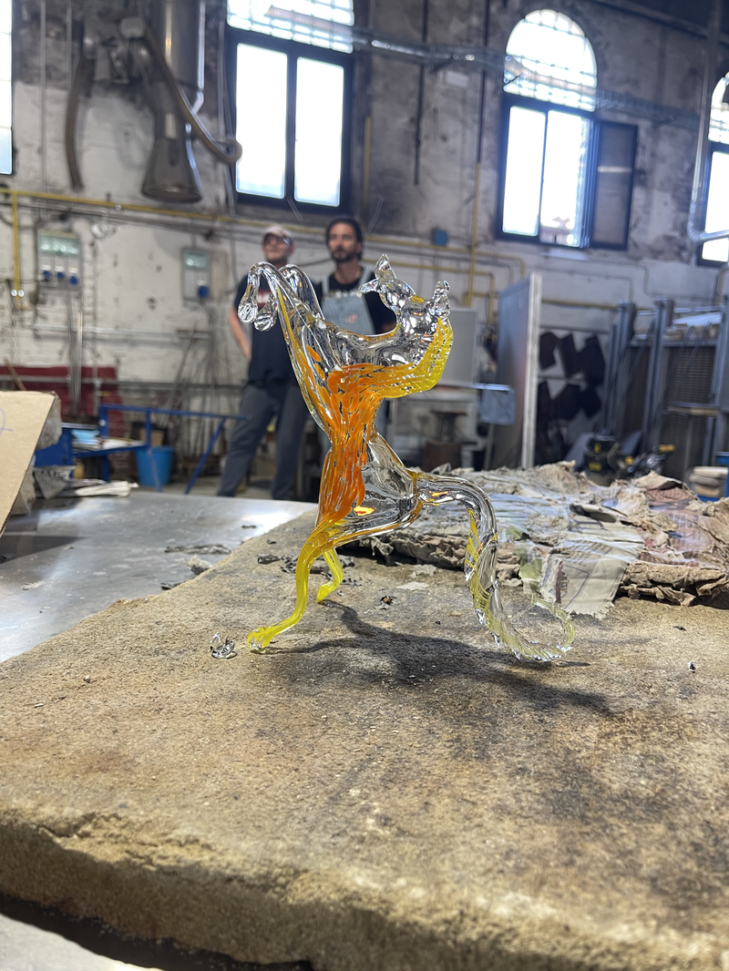 A horse sculpture made of glass at the factory
