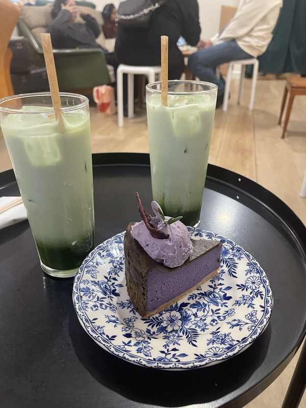 Matcha latte and ube cheesecake